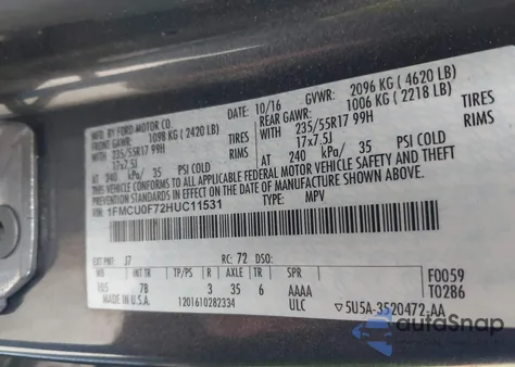 2017 Ford Escape S z USA, uszkodzony, nr VIN 1FMCU0F72HUC11531